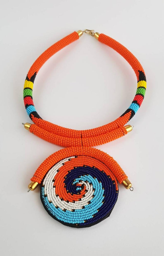 Orange & Blue hand made beaded drop pendant