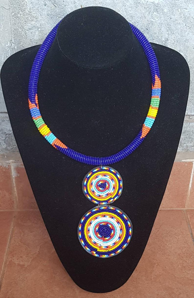Blue Hand Made Double Drop Beaded Pendant