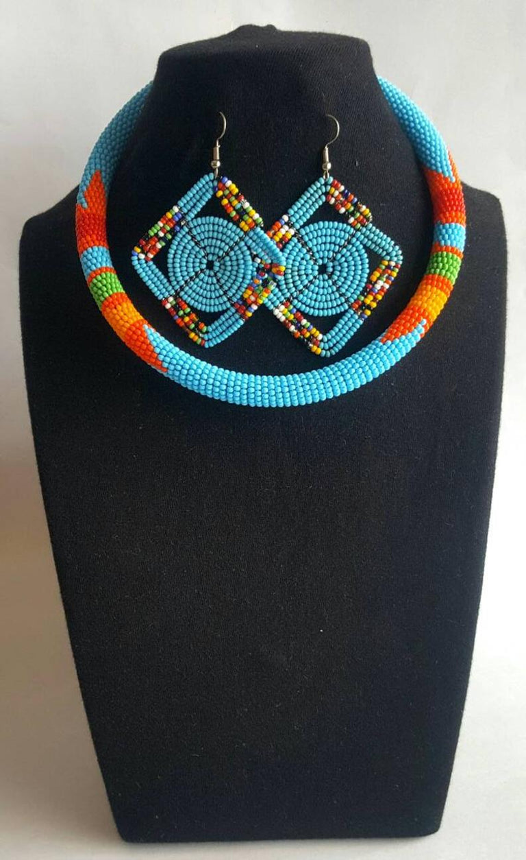 Blue Hand Beaded Necklace with Matching Earings